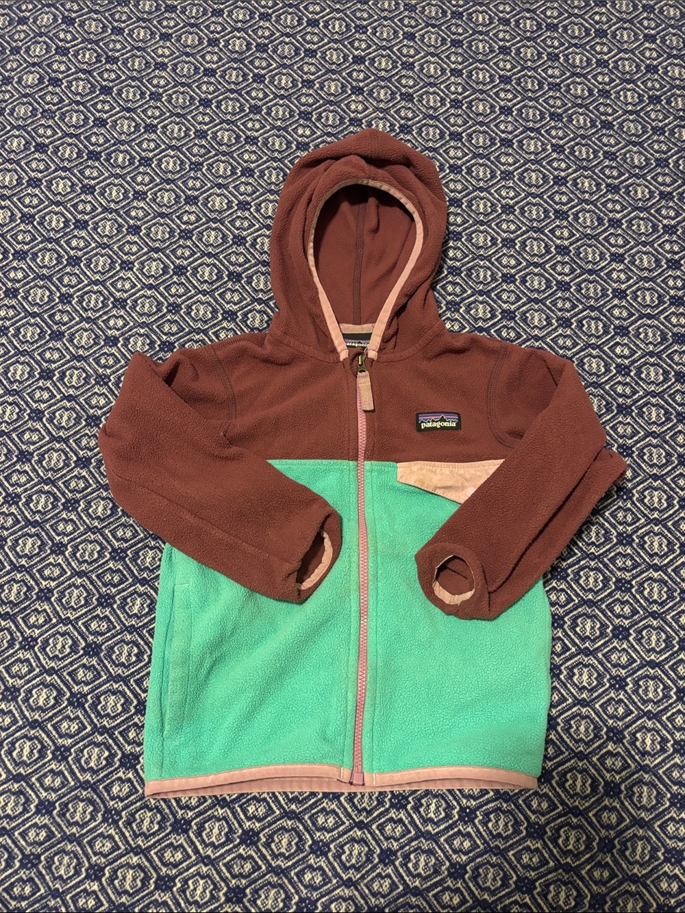 Patagonia Kids Hooded Fleece Jacket - Burgundy, Teal & Pink Trim